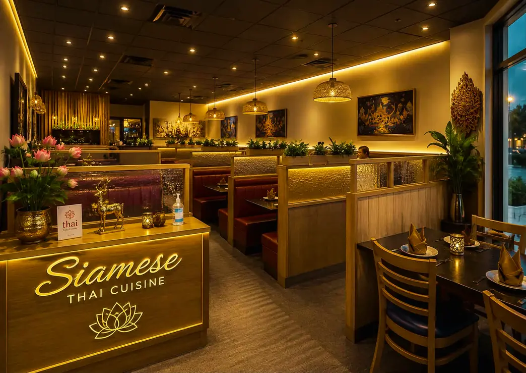Warm dining room at Siamese Thai Cuisine in La Verne
